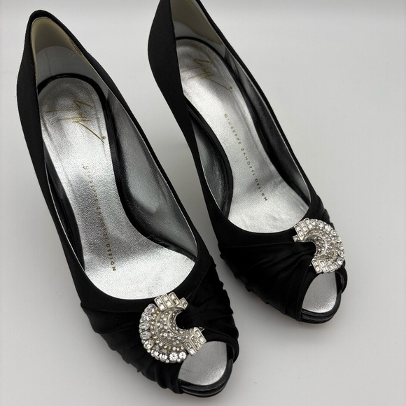 Giuseppe Zanotti Black Satin/Crystal Peep Toe High Heel; Size 37 (US 6.5) - Picture 1 of 16